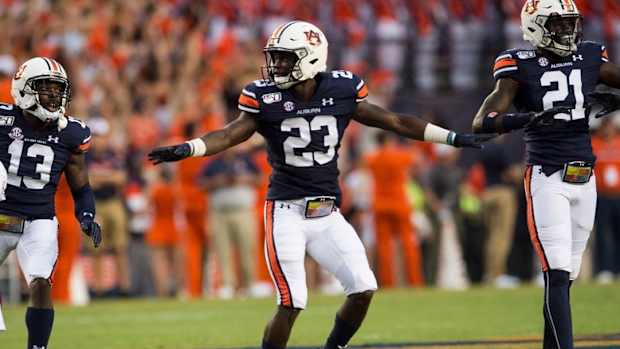 Auburn defensive back Roger McCreary (23) celebrates after deflecting a pass at Jordan-Hare Stadium in Auburn, Ala., on Saturday, Sept. 28, 2019. Auburn defeated Mississippi State 56-23.